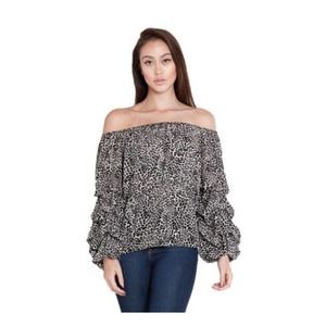 PATRICIA LUCA NEW Ruffle Sleeve Leopard Top Black Animal Print Size XS